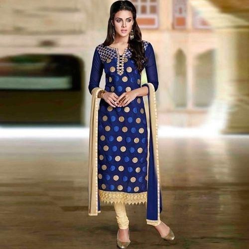 Unstitched Navy Blue and Golden Cotton Block Printed Salwar Kameez For Women