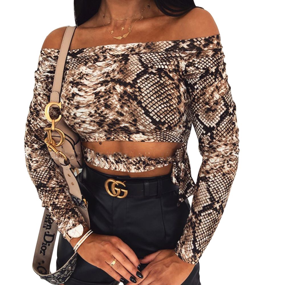 Women's Snakeskin Print Top Shirt Off-Shoulder Long Sleeve Lumbar Sexy Party Club Crop Camis Tops