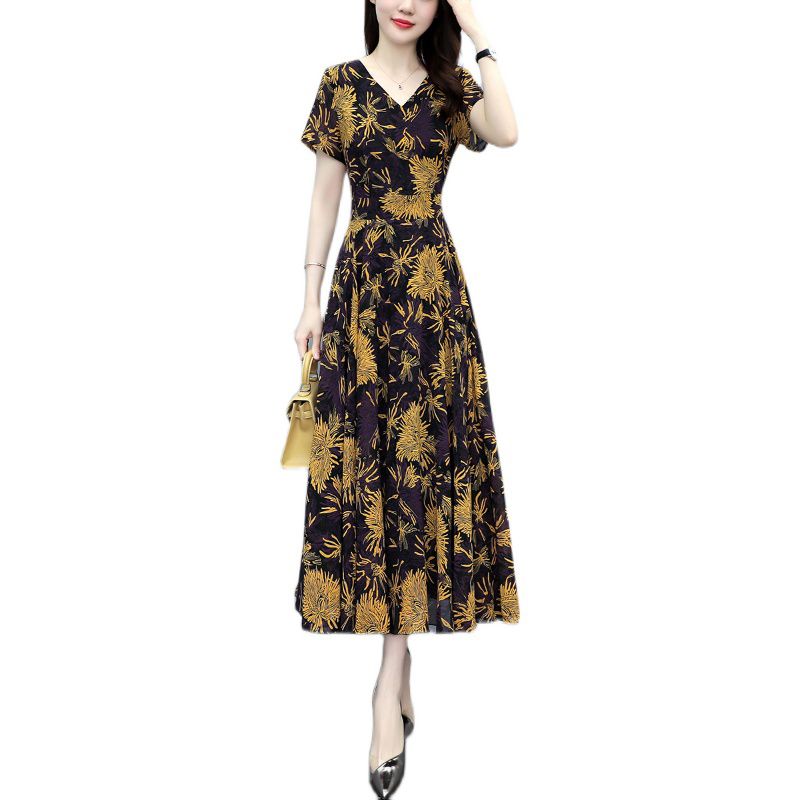 Yfashion Women  ffon  Dress Floral Print V-neck Short-sleeve Waist-ing Plus Size Long Skirt color