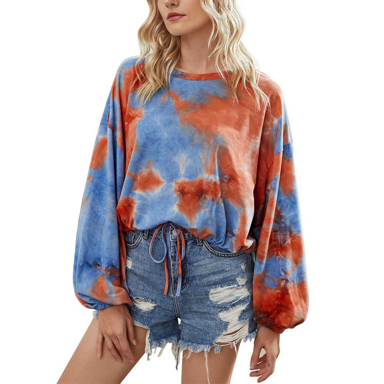 Women’s Fashion Long-sleeved Sweater Personality Tie-dye Loose Round Neck Lace up Sweatshirt