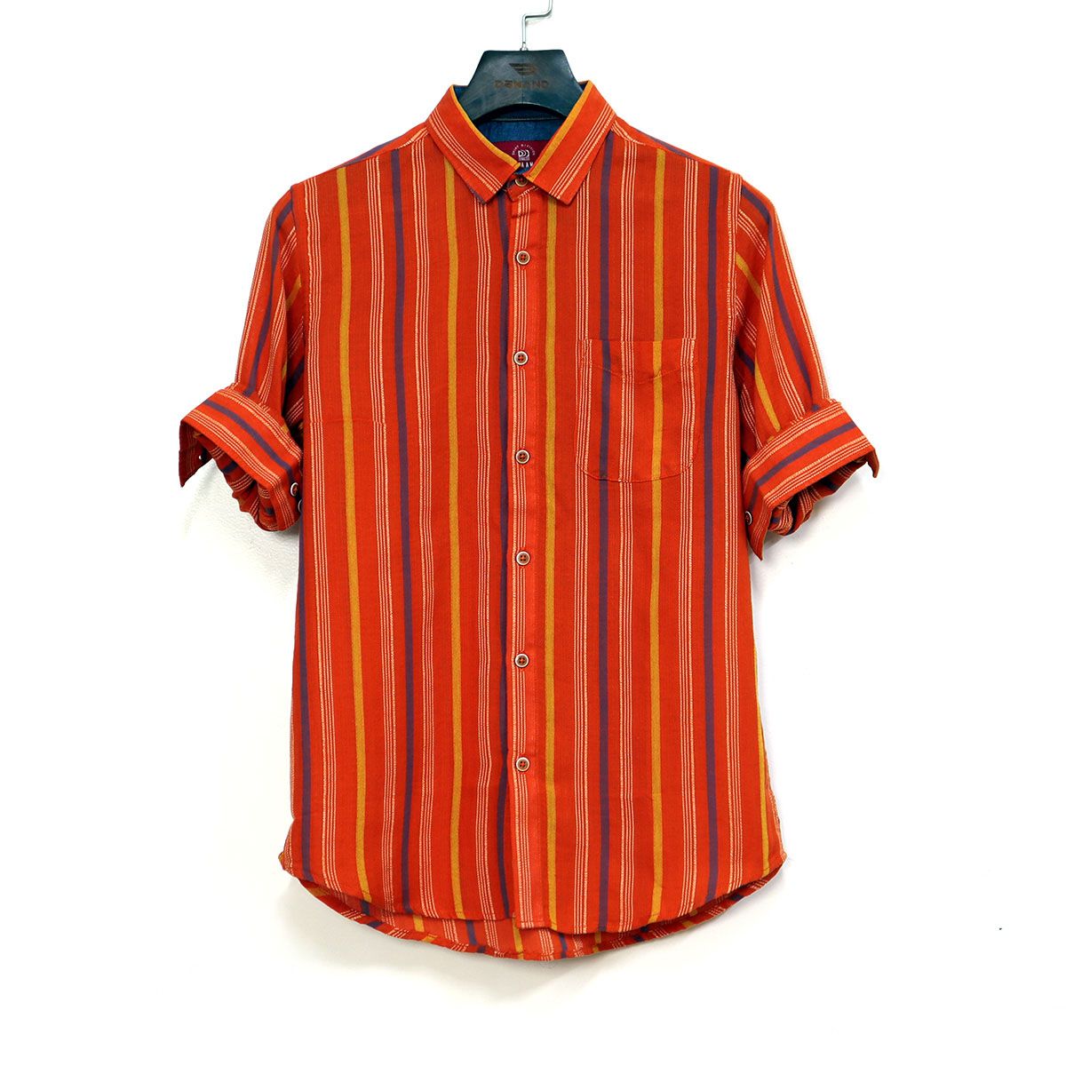 Mixed Color Striped Light Orange Cotton Casual Long Sleeve Shirt