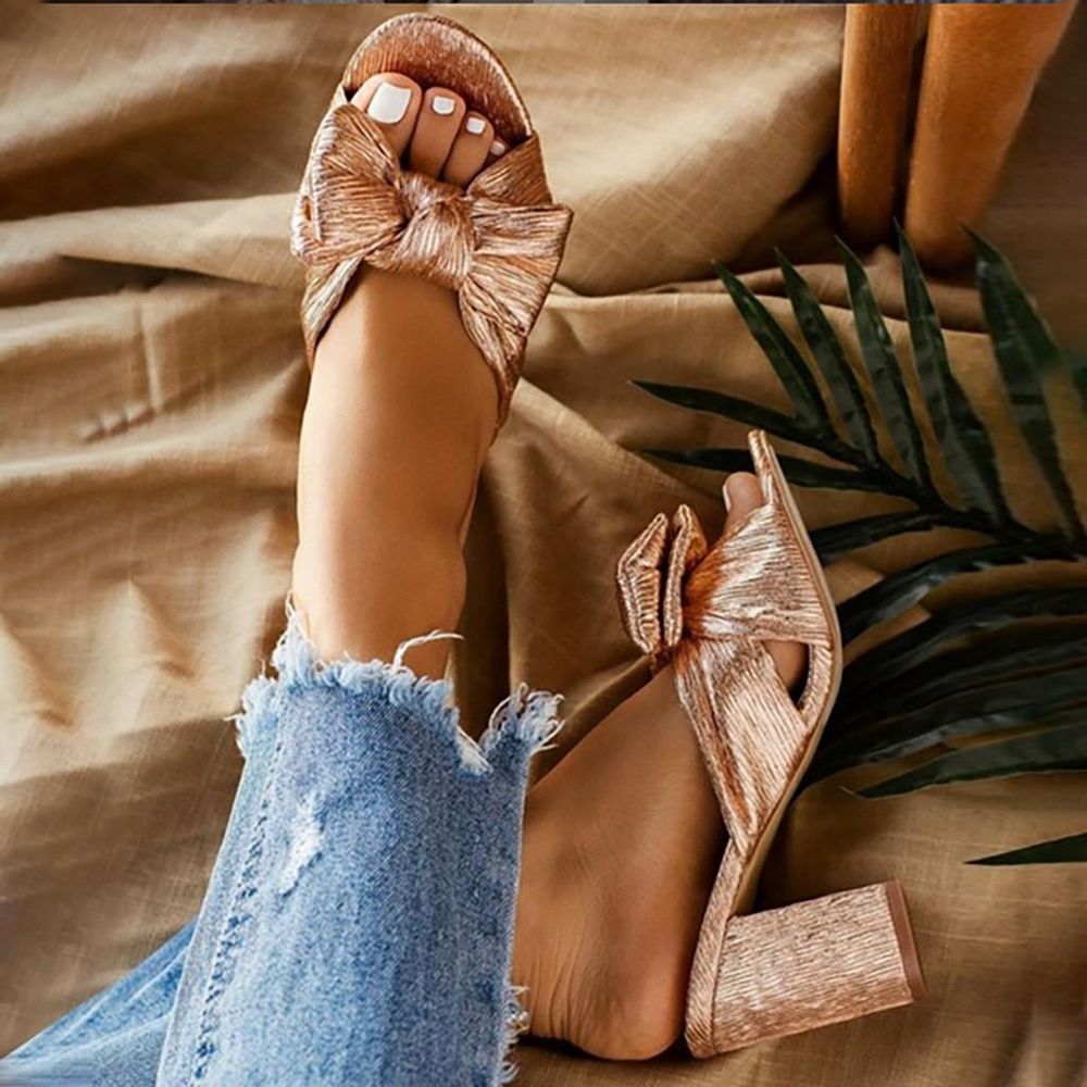 【FOOT SOFA】Women Lady Peep Toe  Gold Stylish Bow Knot Shiny Cross Slip Heels Shoes