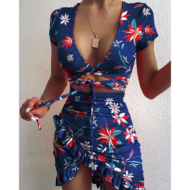 Floral Print Fashion Tie Up Wrap Mini Dress Summer Holiday Ruffles Sundress Ruched Women's Dress Short Sleeve
