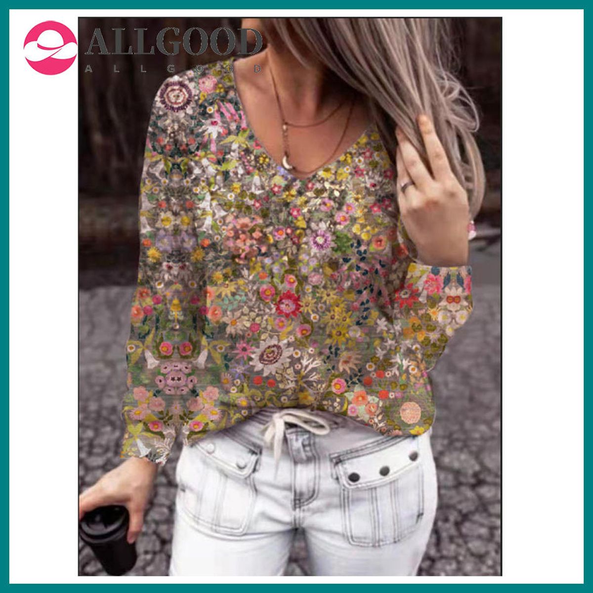 Vintage retro floral print tee shirts women autumn long sleeve v-neck casual street basic t-shirts femme
