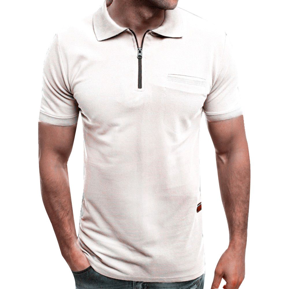 Summer Solid Color Men Patch Pocket Zipper Turn Down Collar Short Sleeve T-Shirt