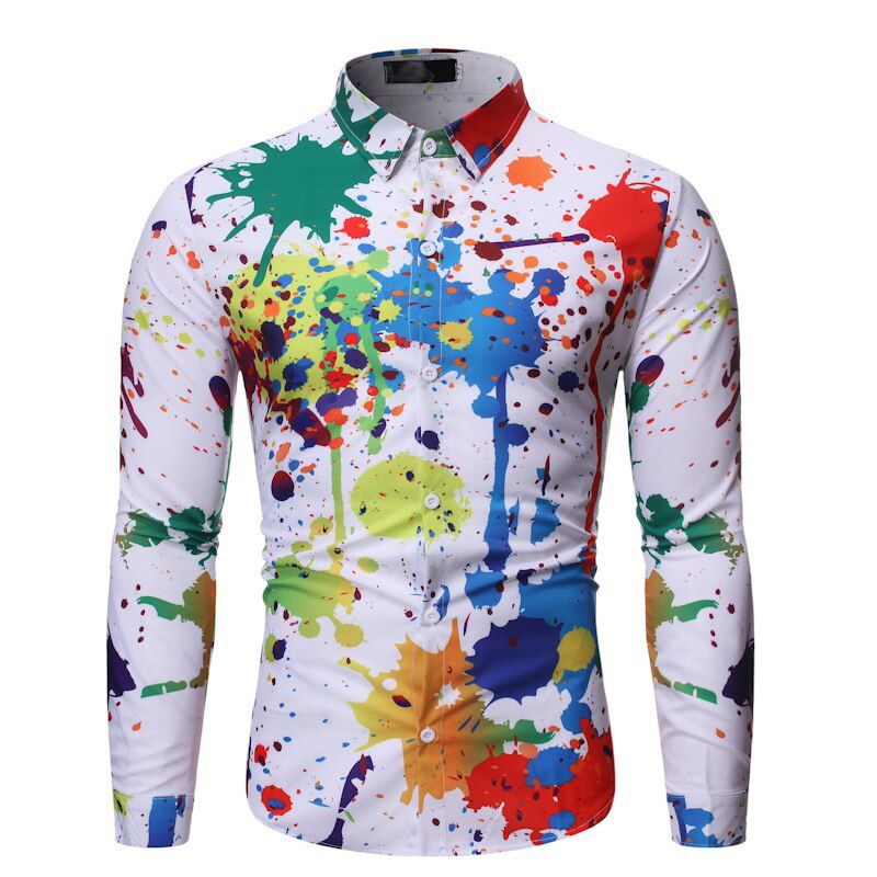 Plus Size Men Shirt Casual Colour Shirt Ink Splash Paint Color Slim Shirts Leisure Men Blouse long sleeve Shirt Spring Male Shir