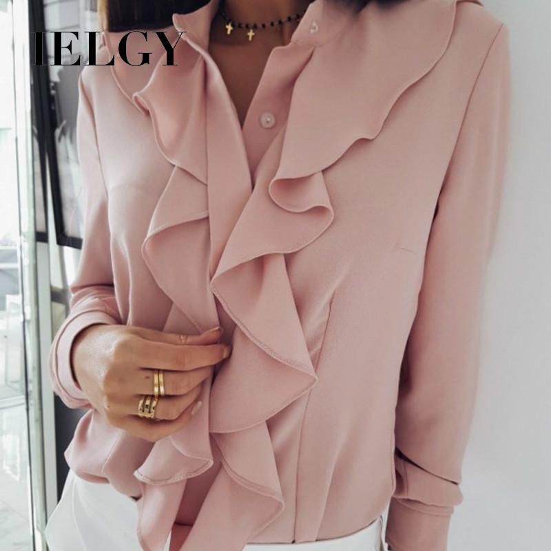 IELGY European and American women's new best-selling long-sleeved ruffled V-neck shirt