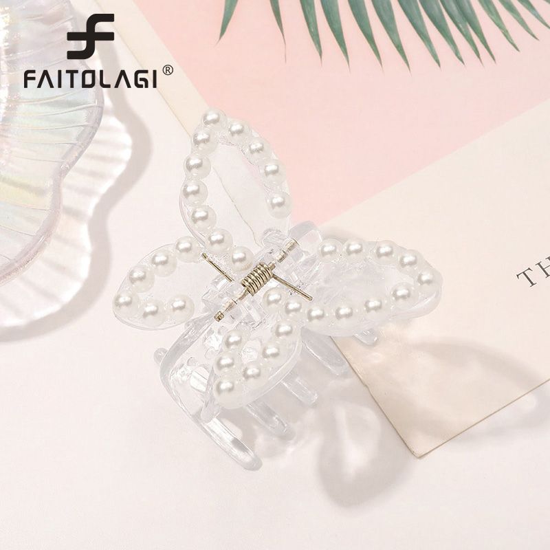 Transparent Butterfly Women Hair Claws Mini Pearls Colorful Crystal Girls Hair Clips Acrylic Headwear