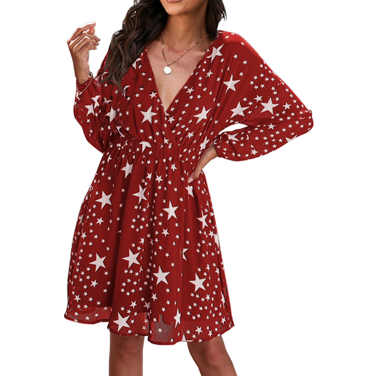 Women Summer Star Print Dress, Long Sleeve Deep V-neck Tunic Knee-Length Dress for Beach, Date