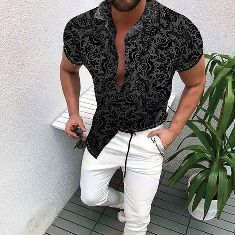 2021 Summer Men's Clothing European American Hawai Trend printing  Shirt Cardigan  Hort Fashion Sleeve Black