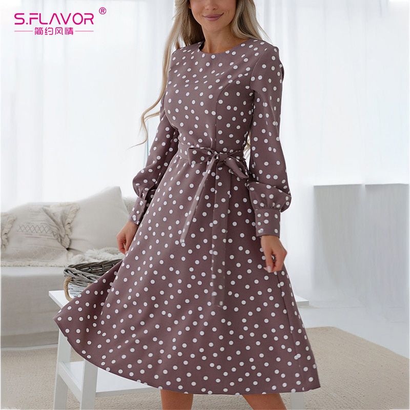 S.FLAVOR Women Vintage O Neck Dress Casual Polka Dot Print A-Line Party Vestidos 2022 Spring Long Sleeve Mid Dress