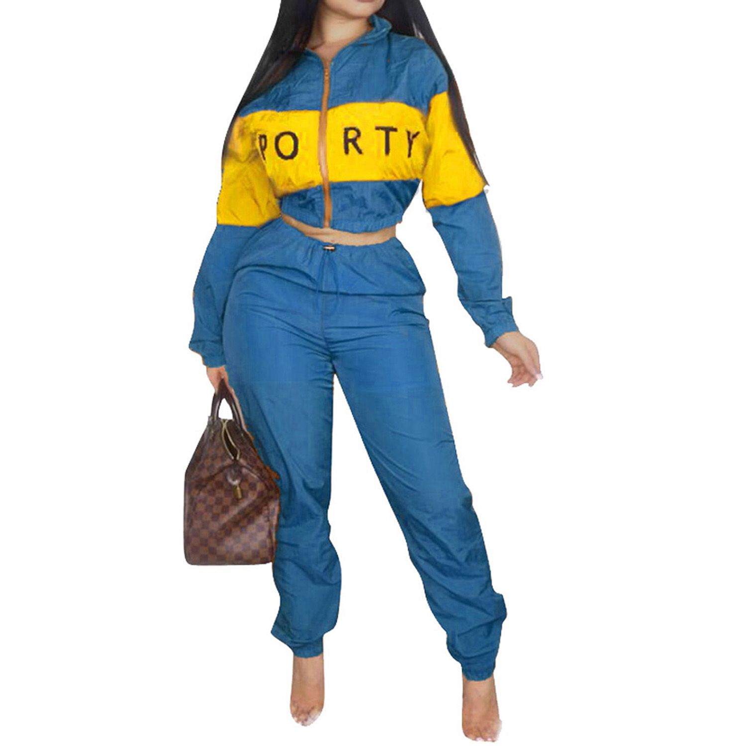 2021 Women’s 2 Piece Outfits, Long Sleeve Stand Collar Letter Print Jacket and Drawstring Pants Set
