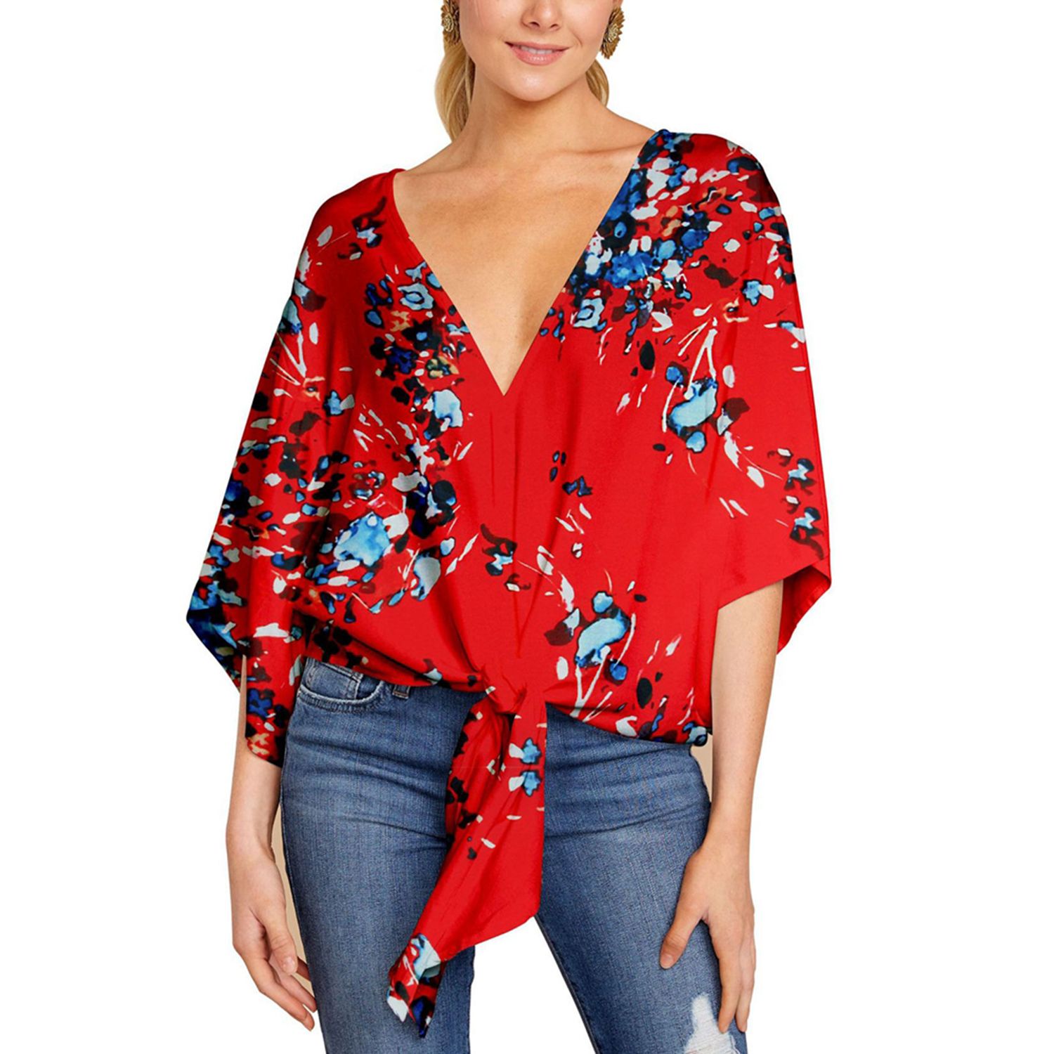 Women Deep V Neck Tops, Tie Knot Front Batwing 3/4 Sleeve Chiffon Shirts Casual Blouses