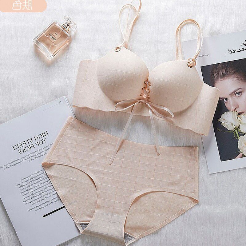 Women Seamless Push Up Lace Up 3/4 Cup Green Beige Purple Wire Free Bra , Womens  Plaid Back Closure Bralette Underwear