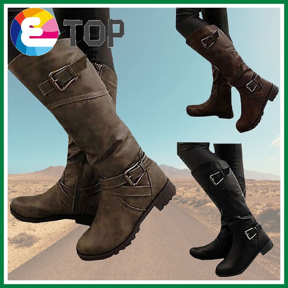 Women Round Toe Mid Calf Boots Female Matte Leather Knight Boot Woman Buckle Square Low Heel Shoes Footwear