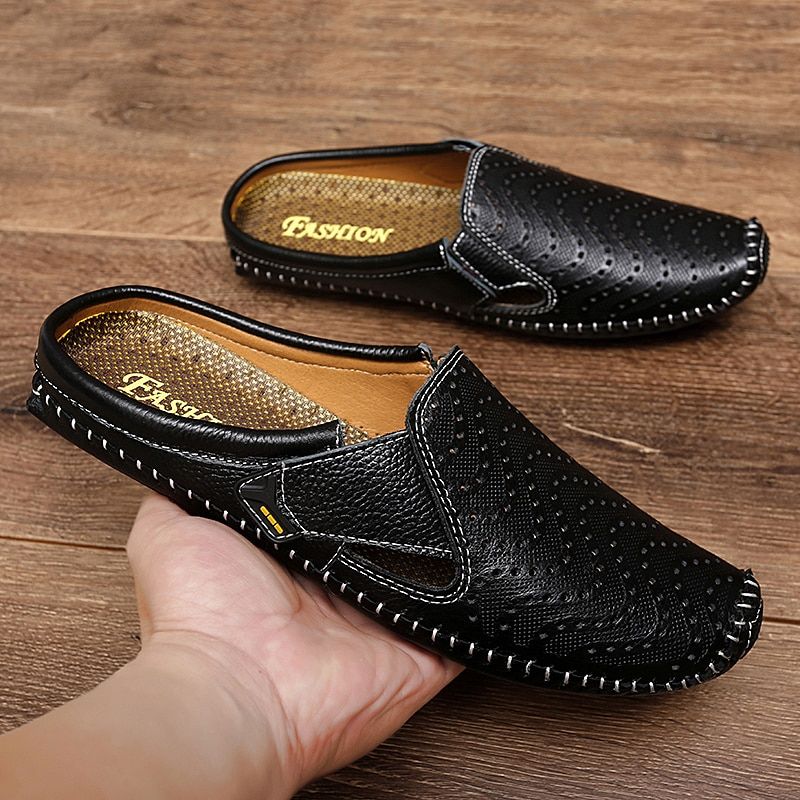New  Leather Men's Slippers Summer Breathable Casual Mules Light Half Shoes For Men Outdoor Anti-slip Driving Loafers Man