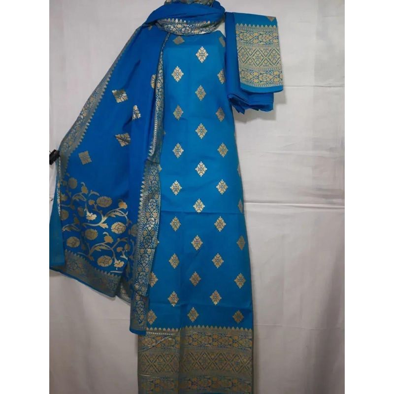 Unstitched Azure Color Cotton Screen Printed Salwar Kameez for Women