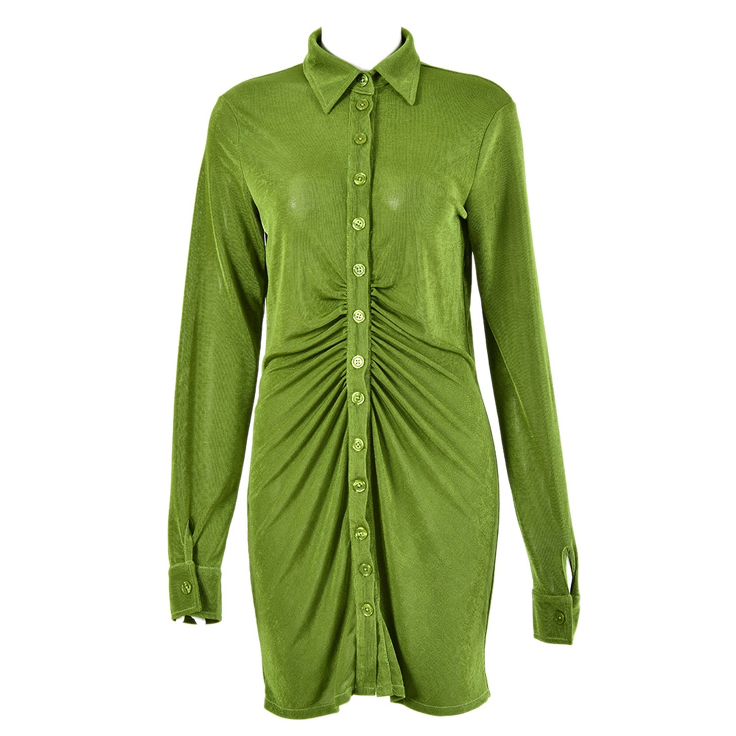 Women Solid Color Skinny Dress, Long Sleeve Lapel Pleated Close-fitting One-piece, Green/ Orange