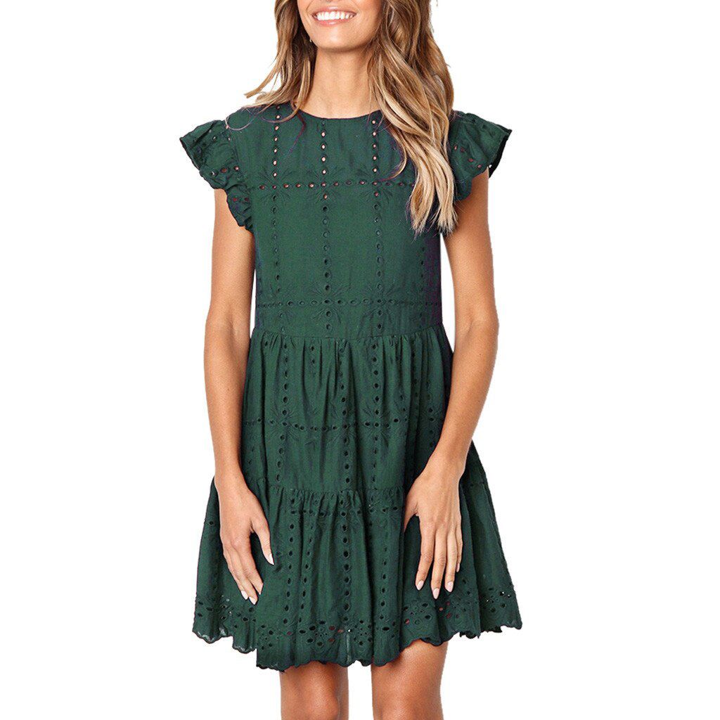 Hollow Out Ruched A-Line mini dress woman Ruffles Sleeve beach dress woman basic O-Neck dresses summer sukienka vestidos