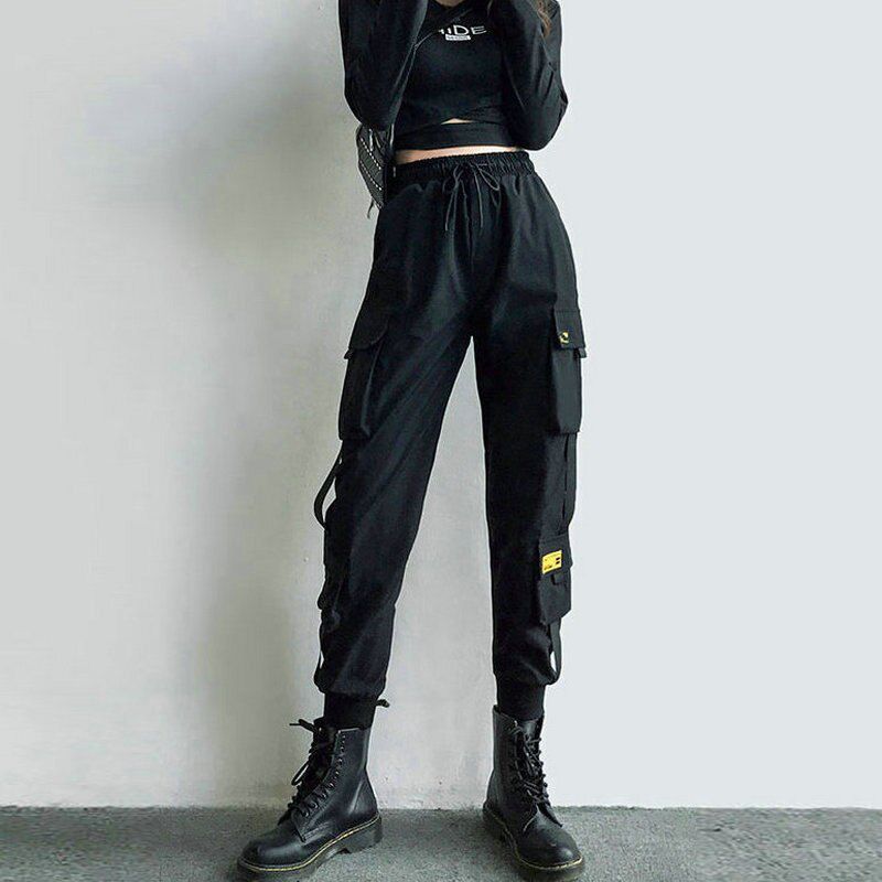 Women's Cargo Pants Black Ribbon Pocket Jogger Elastic Waist High Streetwear Pant Punk Females Trousers Harem Pants