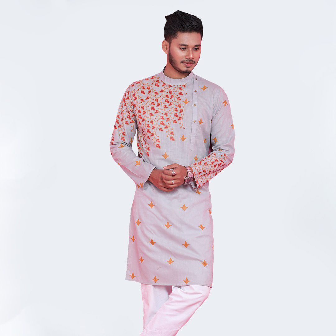 Premium Men's Printed Cotton Panjabi Ash- 17638P