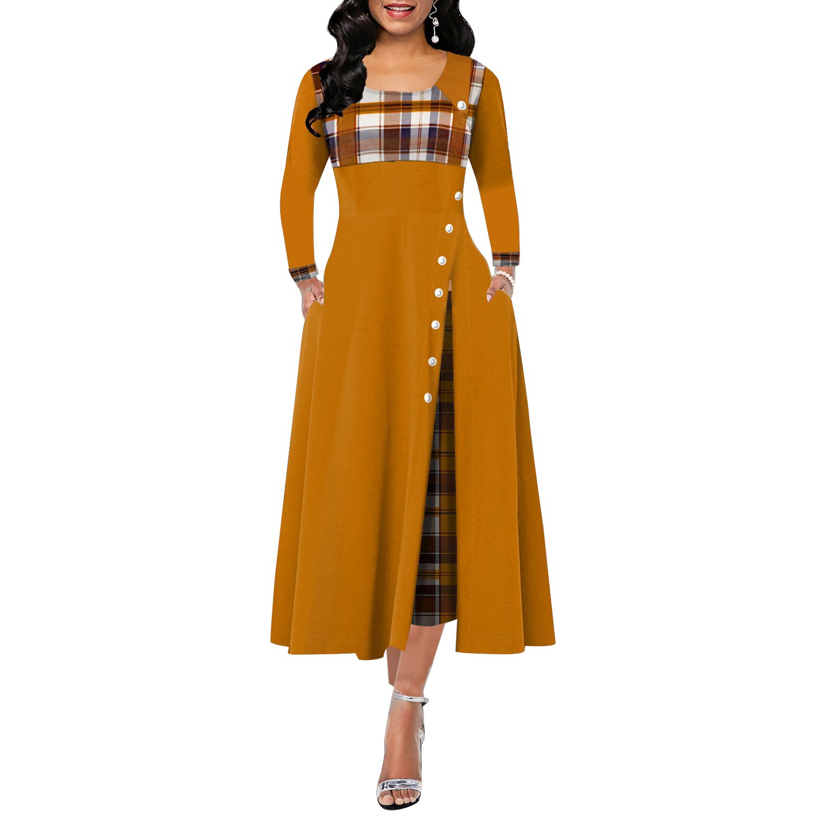Lady Dress Contrast Colors Casual Autumn Dress