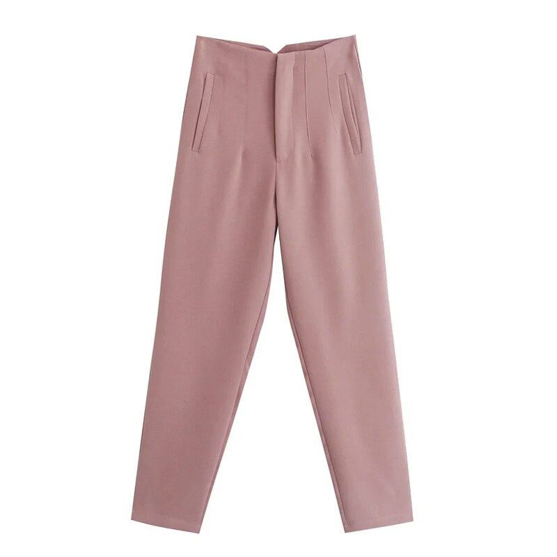 Women Pants Chic Pockets Straight Pants Lady Office High Waisted Pants Elegant Pink Blue Casual Woman Trouser