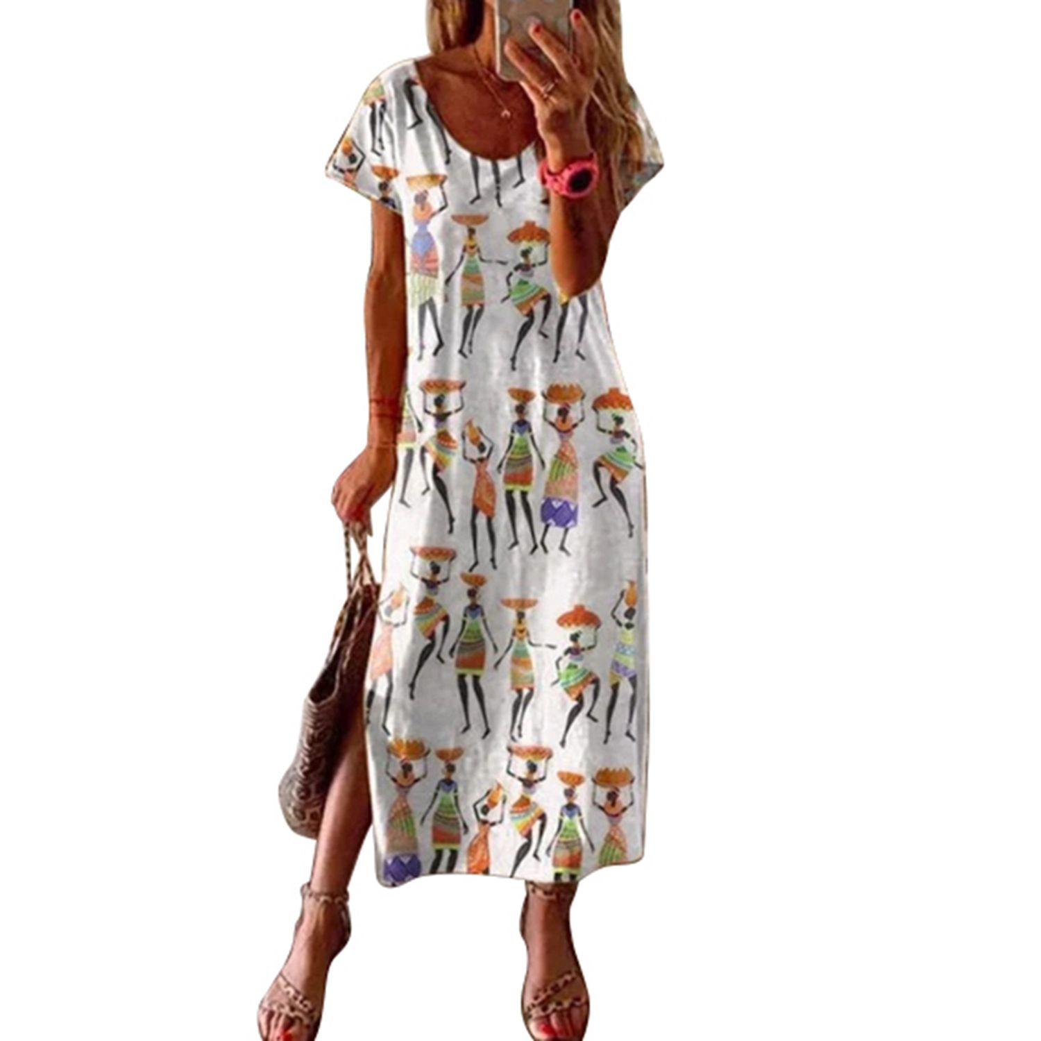 2021 Women's Loose Long Dress Retro Ethnic Style Printed Round Neck Dress Suitable for Beach Party (S/M/L