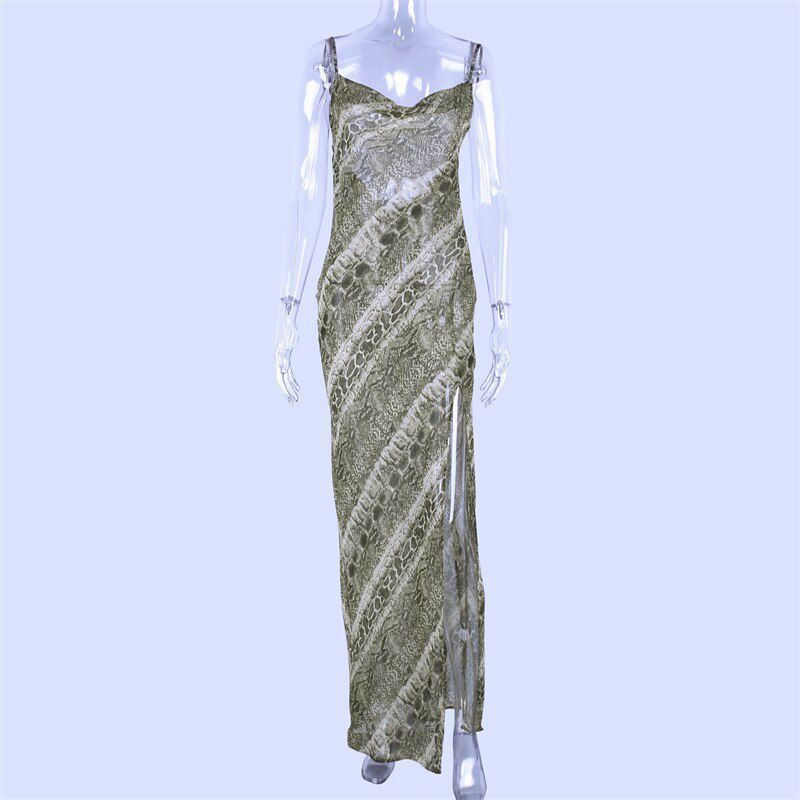 Dulzura snake print chiffon women long party slip maxi sheer dress strap backless slit elegant autumn clothes