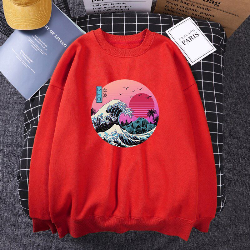 The Great Retro Wave Sweatshirt Japan Anime Vaporwave Kanagawa Hoodies Men Crewneck Pullover Male Casual Fit Loose Tracksuits