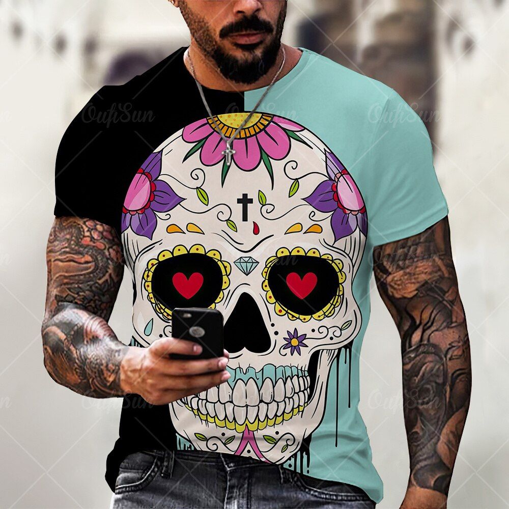 Fashion Summer Men's Street Skull Head 3D Printing UniClothes Plus Size Comfortable Round Neck Short Sleeve Male T-Shirt Top