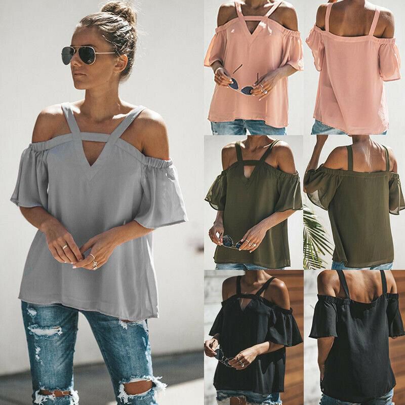 Women Summer Loose Blouse Sling T-Shirt Off Shoulder Beach Tops
