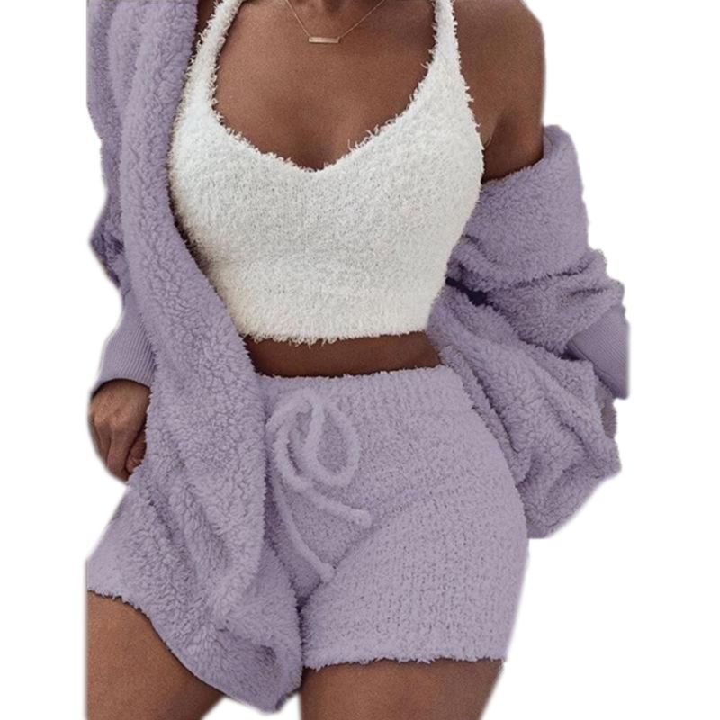3 Pcs/set Winter y Women Home Wear Suit Casual Pajamas Set Lady Female Soft Warm Long Sleeve Exposed Navel VShorts Set