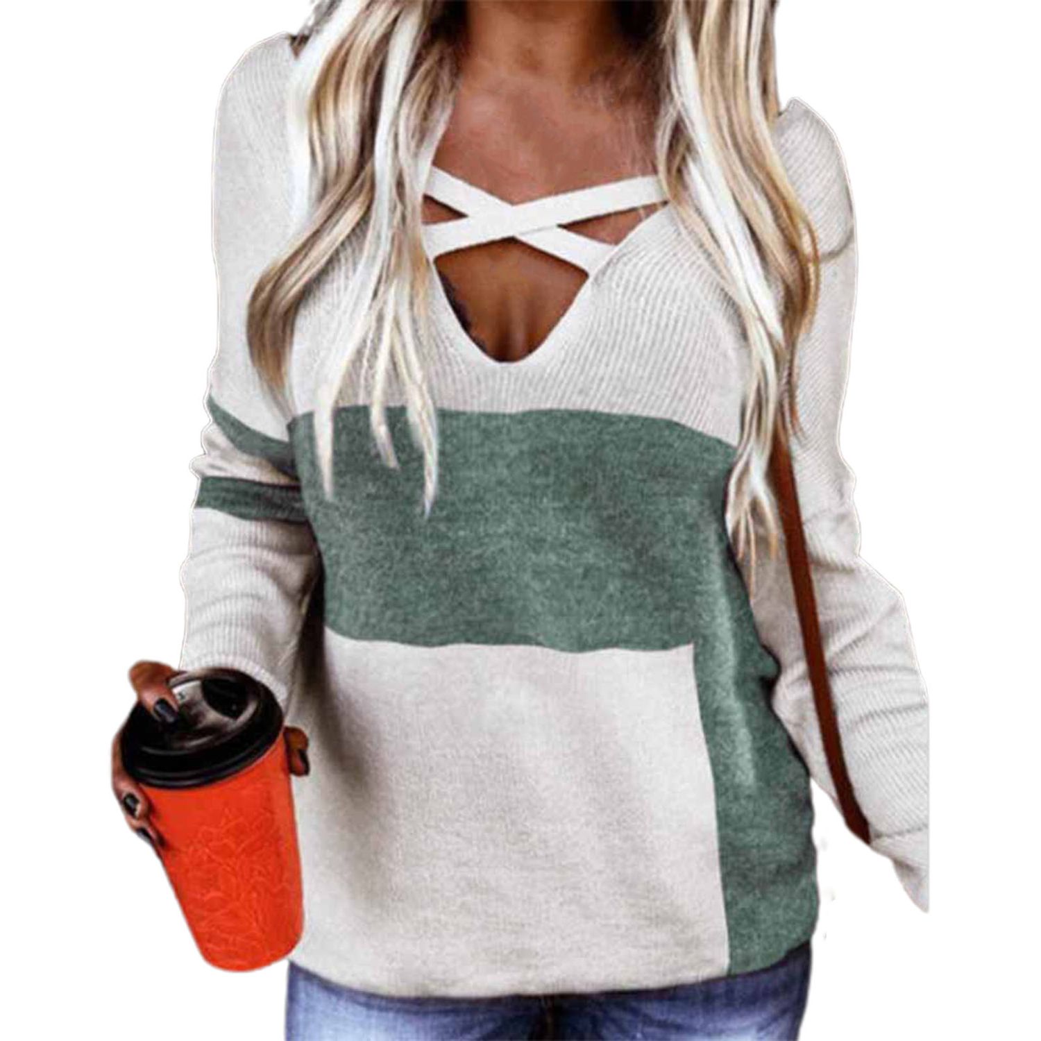 Knitted Jumper Loose Fit Patchwork Women Knitted Pullover