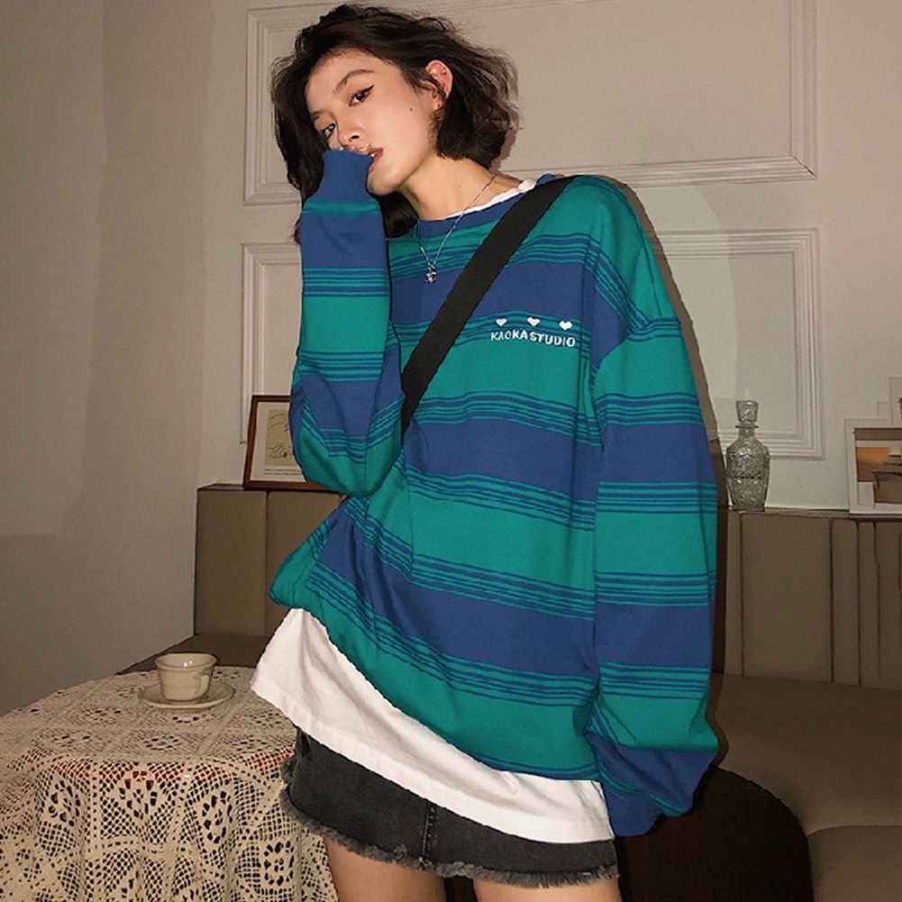 Yfashion Women Oversized Striped  Sweatshirt Crewneck Sweatshirt Loose Pullover Long Sleeve op color
