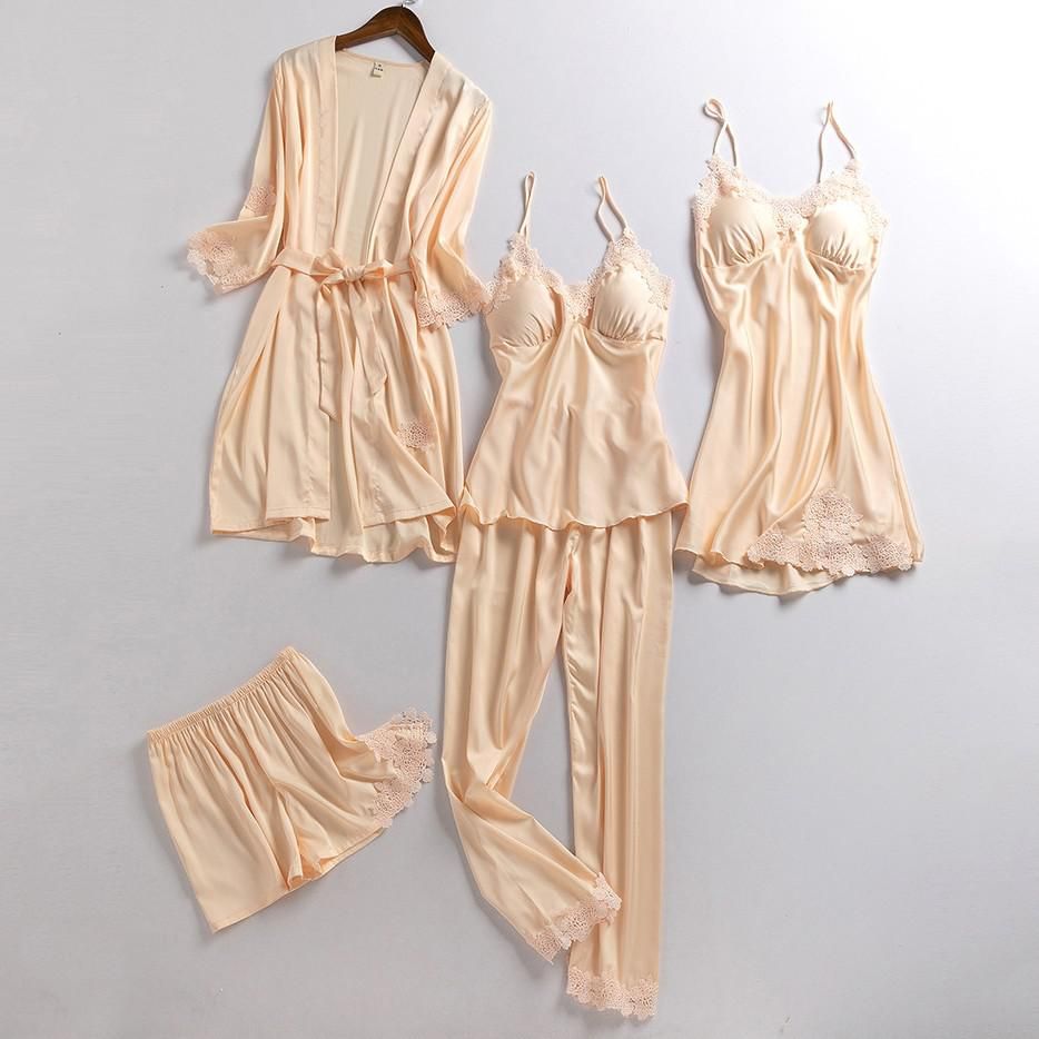 5PCS Set Pajamas Casual Sleepwear For Women Satin Kimono Robe Gown Lace Patchwork Nightwear Spring Autumn  Pyjamas Suit