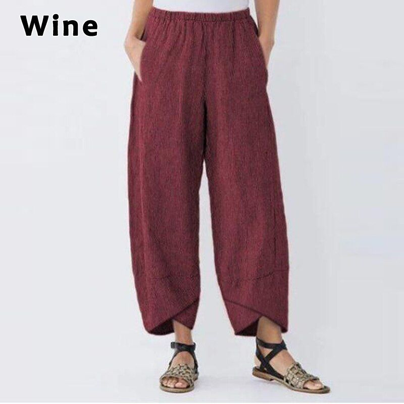 Women Pocket Elastic Waist Linen Pants Summer Vintage Irregular Hem Wide Leg Trousers Female Casual Loose Oversized Harem Pants