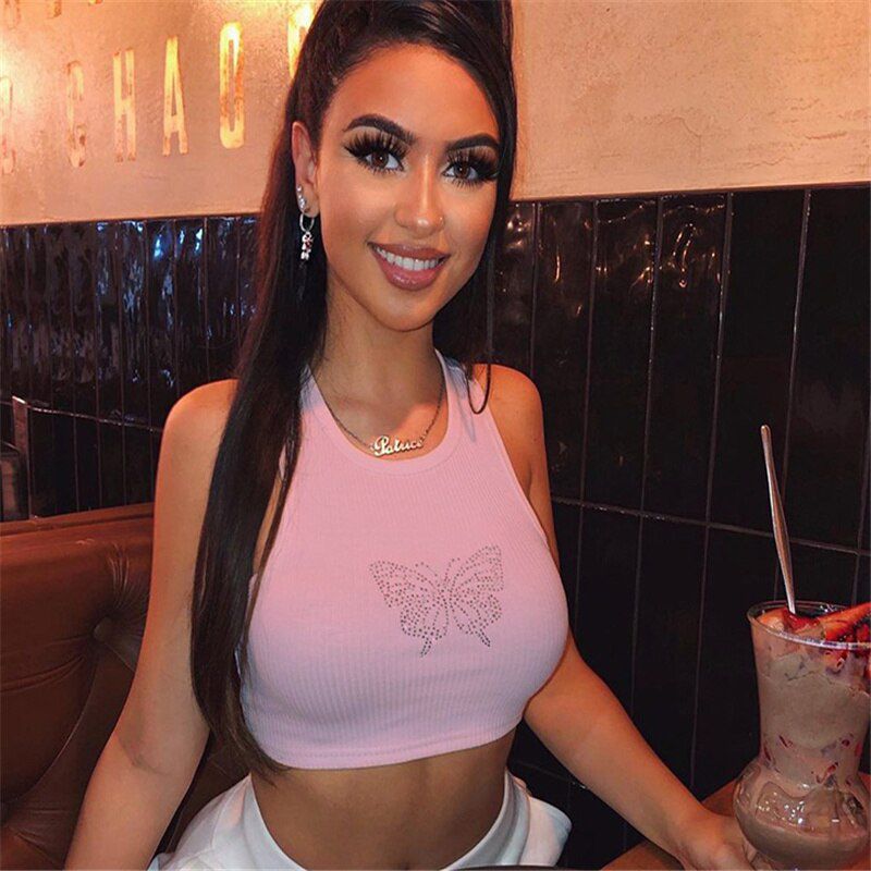 Top Cute Cartoon Printed White Lace Tank Top Women Aesthetic Clothes Vintage Fairy Grunge Slim Crop Top Blingbling Butterfly