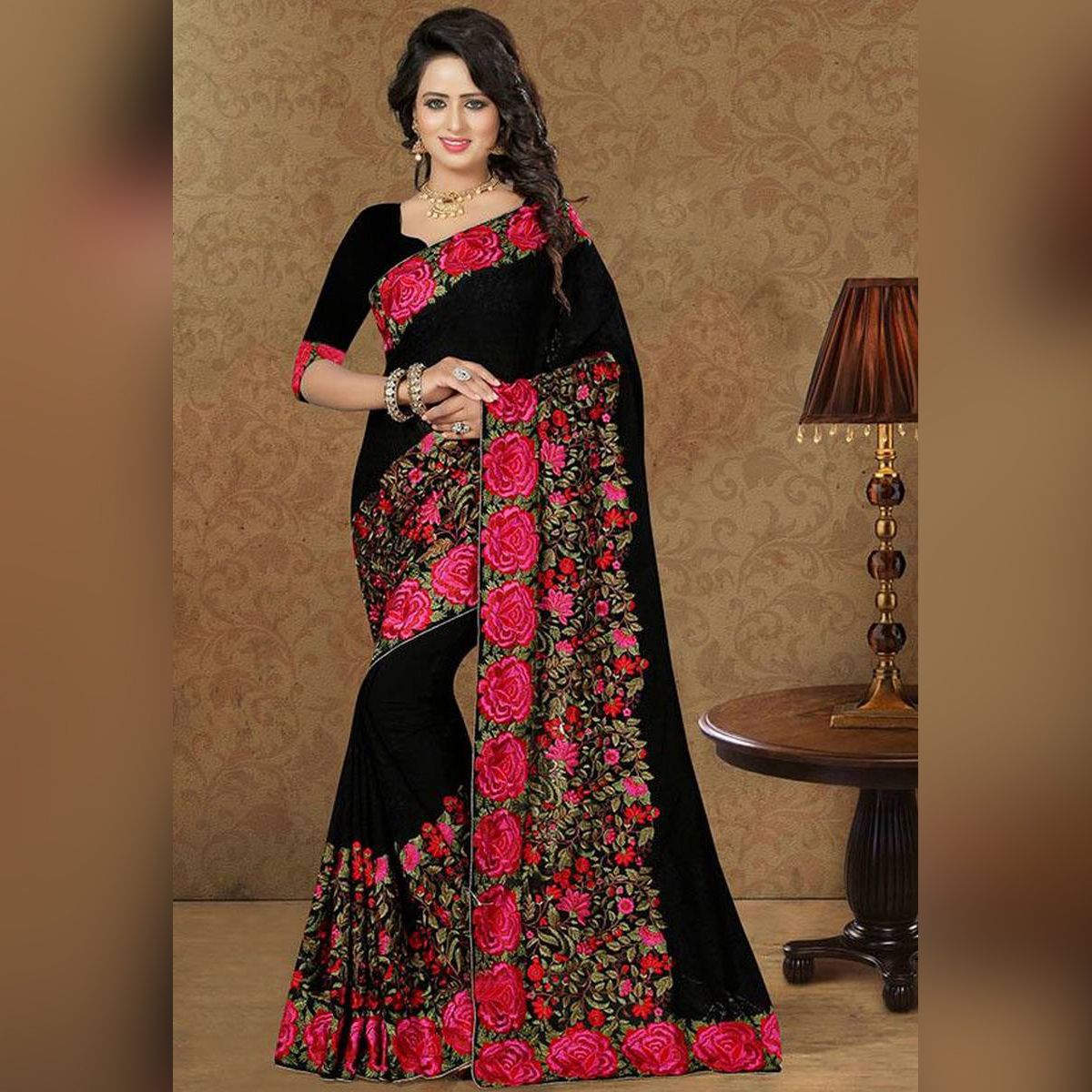 Black & Red Colour weightless Georgette Saree with Blouse piece