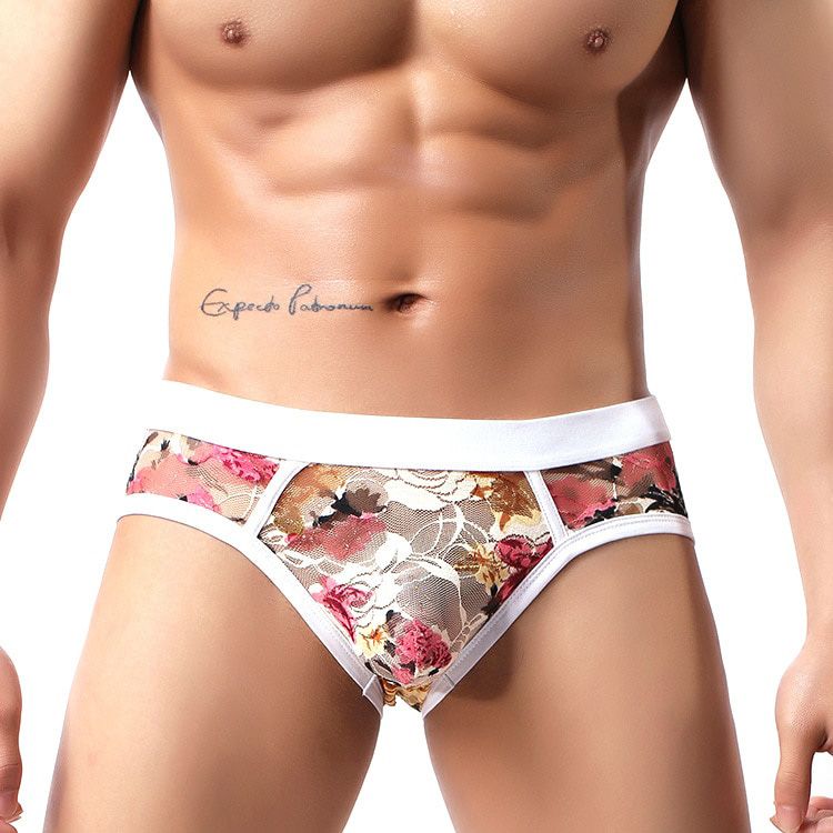Men Lace Brief Low Waist See Through Underpants Floral Panties Breathable Male Comfortable Briefs Sexy Pouch Man Thong