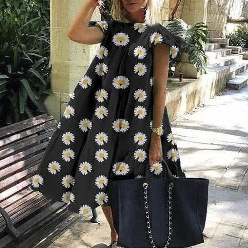 Summer Women'S Retro Loose 2xl Casual Round Neck Short Sleeve One-Piece Dresses White Short Dress Vestidos Clothes