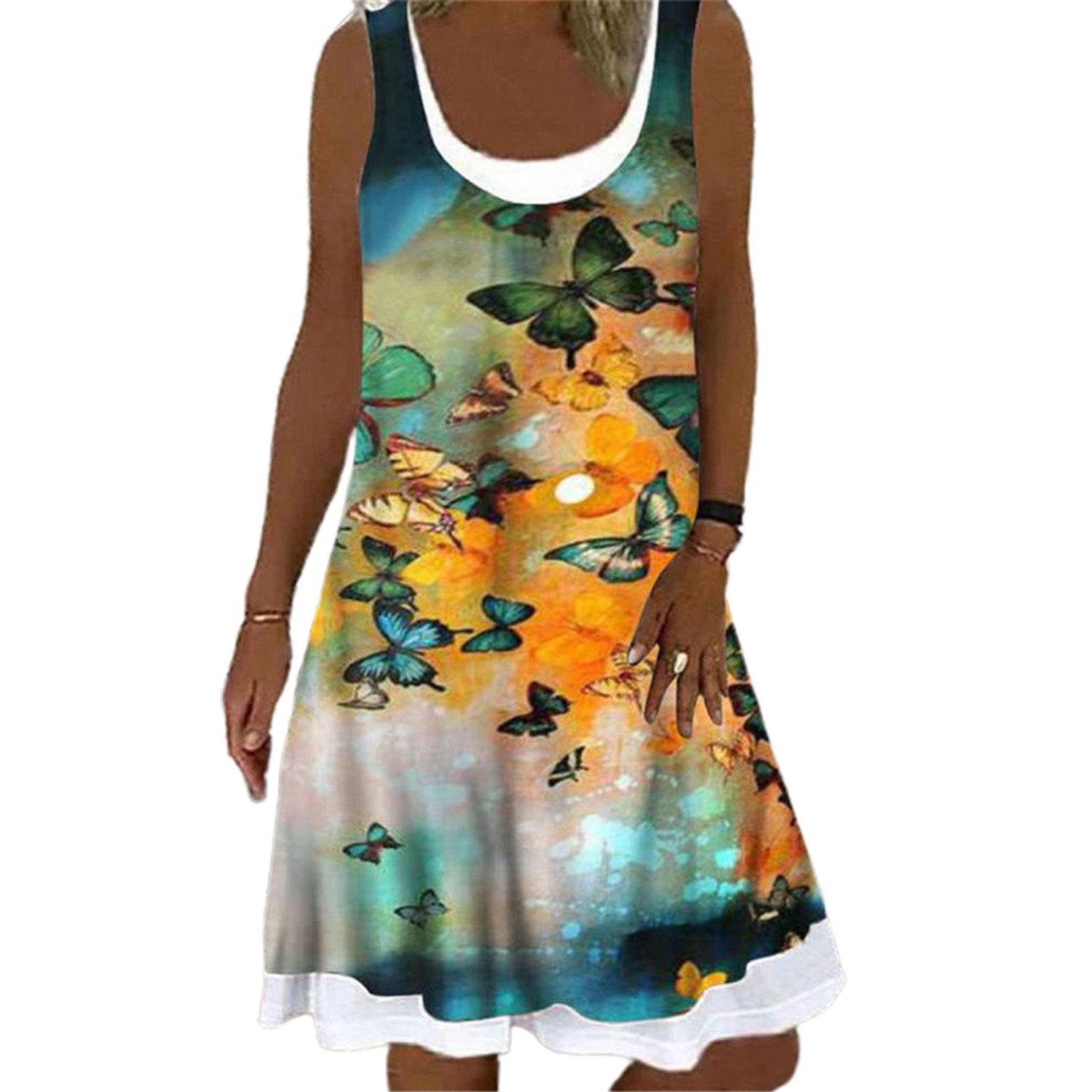 Women Dress O Neck Large Hem Dress Fake Two Pieces Sleeveless Dress for Daily Wear
