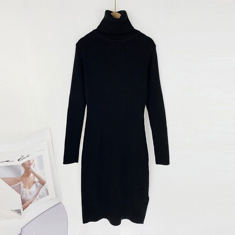 Aachoae Solid Knitted Long Dress Women Autumn Winter Turtleneck Long Sleeve Sweater Dress Lady Split Loose Casual Dress Vestidos