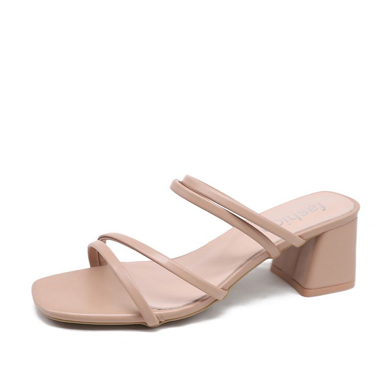 Women Sandals Ladies Square Heels Elegant Summer Slippers Outside Cross Tied Female Slides Woman Sandals