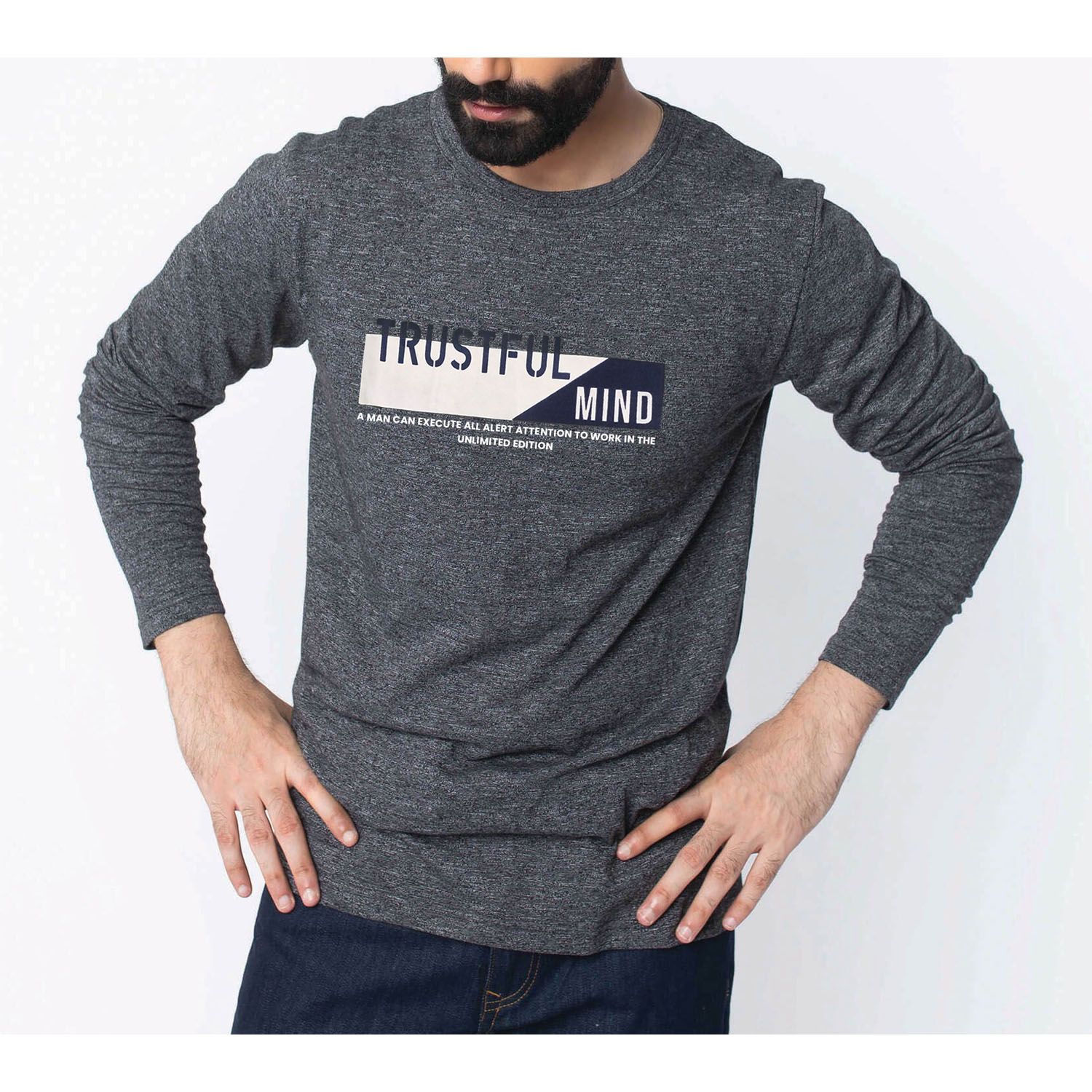 Trustful Mind Ash Cotton Long Sleeve T-shirt for Men - T-Shirt For Men