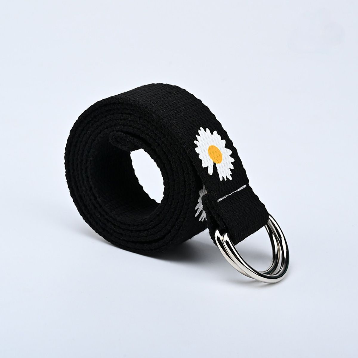 Loldeal Women Belt Fashion Double Ring Buckle Woven Canvas Small Daisy Print 120CM