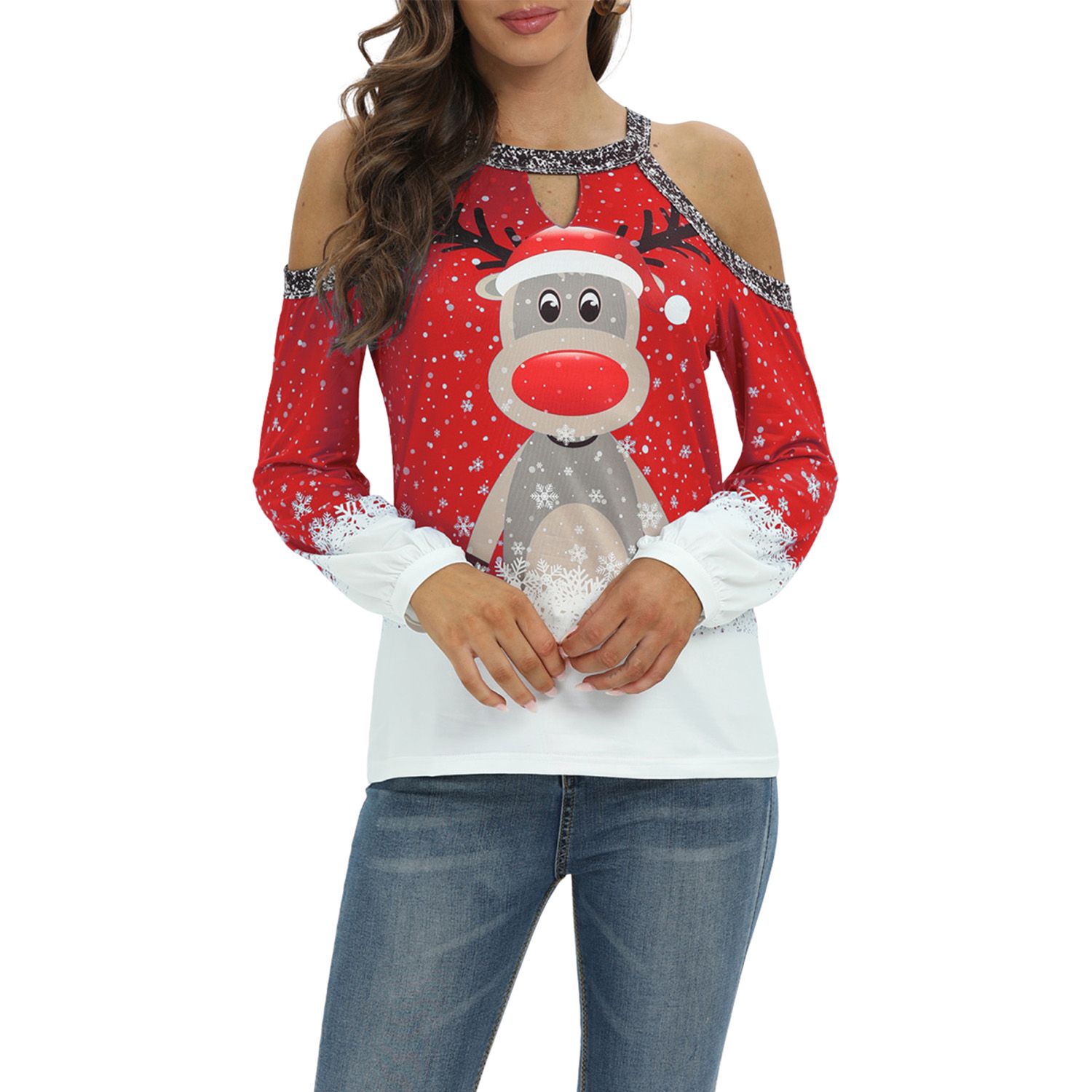 Women Cold Shoulder Tops Casual Hollow Printed Long-sleeved Loose Summer Shirts Blouses