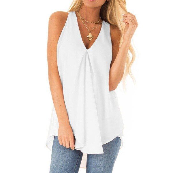 New Summer Oversize Women Chiffon Tops Casual Loose V-neck Sleeveless Pullover Vest Solid Color White Black blue Tank Tops