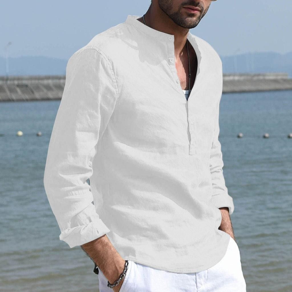 Fashion Men`S Casual T Shirt Men's Baggy Cotton Linen Solid Long Sleeve Button Retro T Shirts Tops Blouse Tees t shirt tshirt shirts tshirts tee tops top for men
