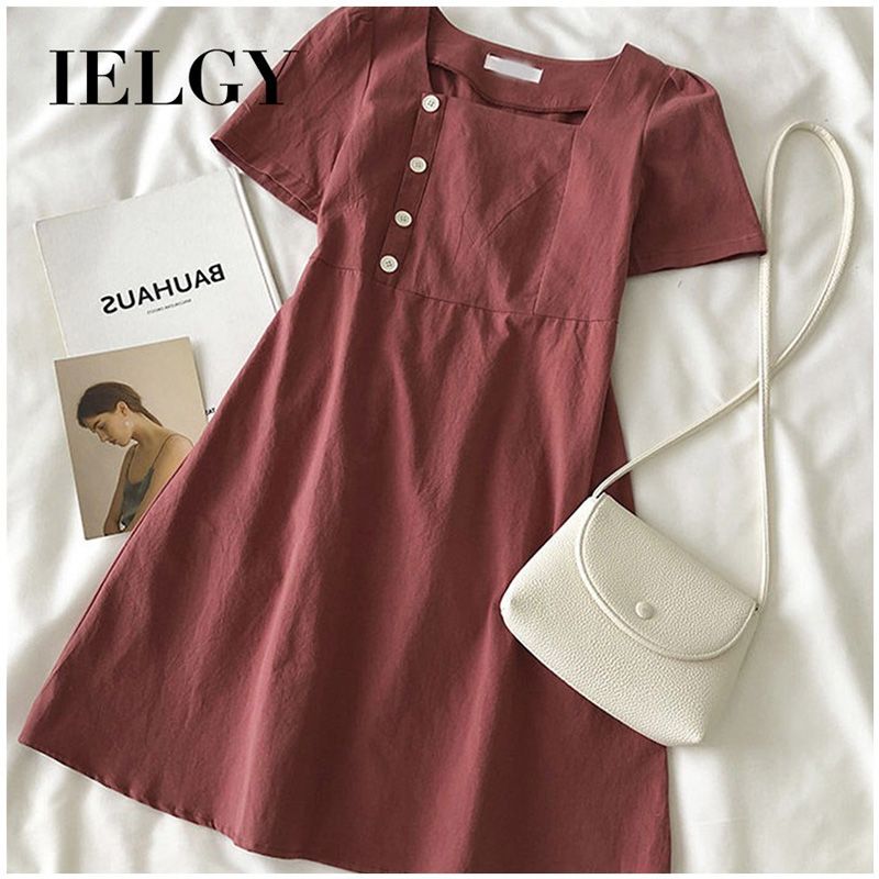 IELGY women's retro square collar solid color midi skirt